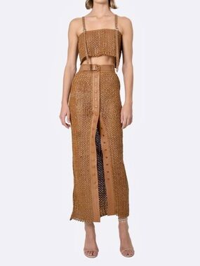 NONCHALANT Label, Genuine Leather Crochet Tan Maxi Skirt with Belt, size M, NWT